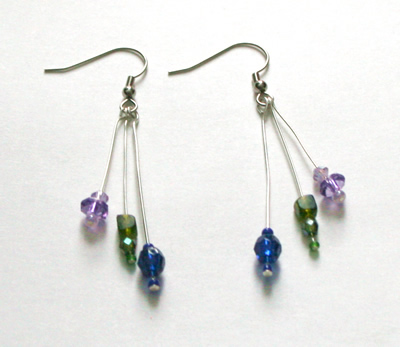 Blue, green and purple triple earrings