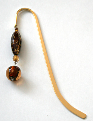 Beading: gold-tone bookmark #13, amber and brown, with gold-colour drop