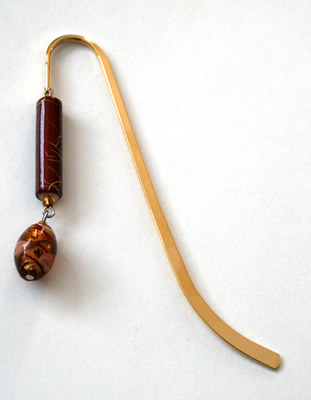 Beading: gold-tone bookmark #3, dark red, with amber drop