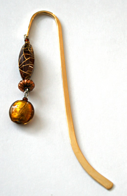Beading: gold-tone bookmark #9, brown and golden, with gold-colour drop