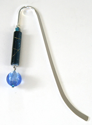Beading: silver-tone bookmark #4, blue, with blue drop