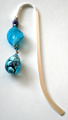 Beading: silver-tone bookmark #7, blue and black, with blue and roses drop