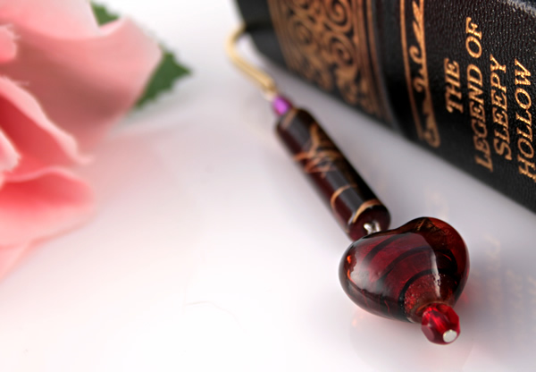 Gold-tone bookmark #18, red and purple, with dark red heart drop, etsy, book and rose, medium