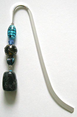 Beading: silver-tone bookmark #21, blue and black, with black stone drop