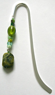 Beading: silver-tone bookmark #22, green, with green stone drop