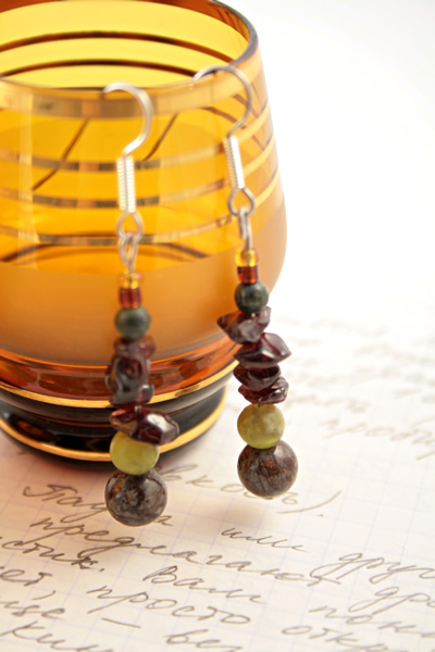 Beading: Garnet Russian serpentine gemstone earrings, etsy, amber glass