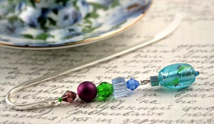 Silver-tone bookmark #18, blue, green, and purple, with blue and green drop, etsy, blue saucer, medium