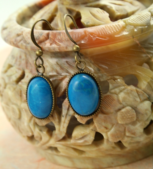 Blue howlite brass earrings, closeup, md