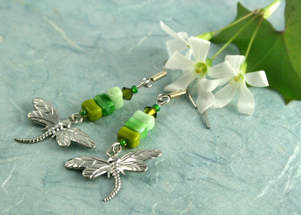 Green dragonfly earrings, shamrock, md