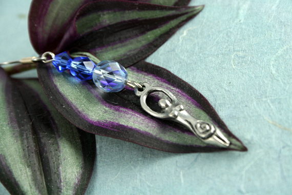 Blue crystal birth goddess earrings, leaf, med