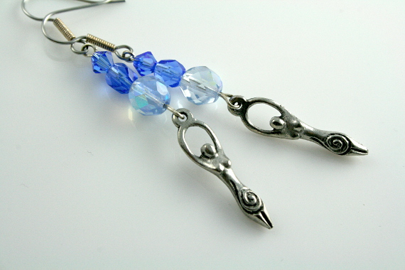Blue crystal birth goddess earrings, med