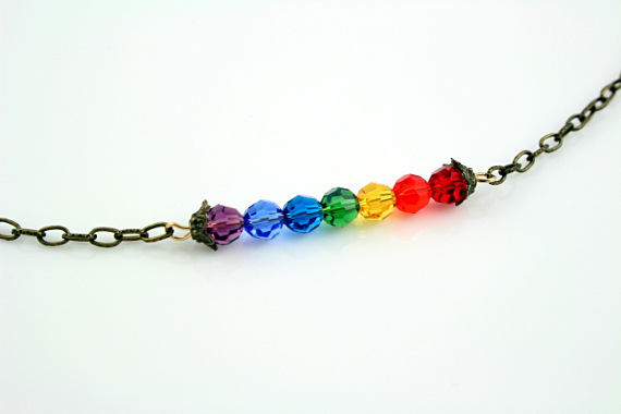 7 chakras necklace - Brass horizontal rainbow, take 2, closeup, md