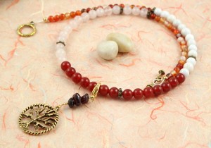 Pregnancy Tracking Necklace - Fiery Flowers - red carnelian, rose and snow quartz, agate, circle bg, md